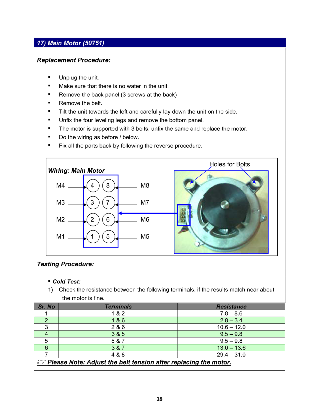 Equator MD3720CEE service manual Main Motor 50751 Replacement Procedure 