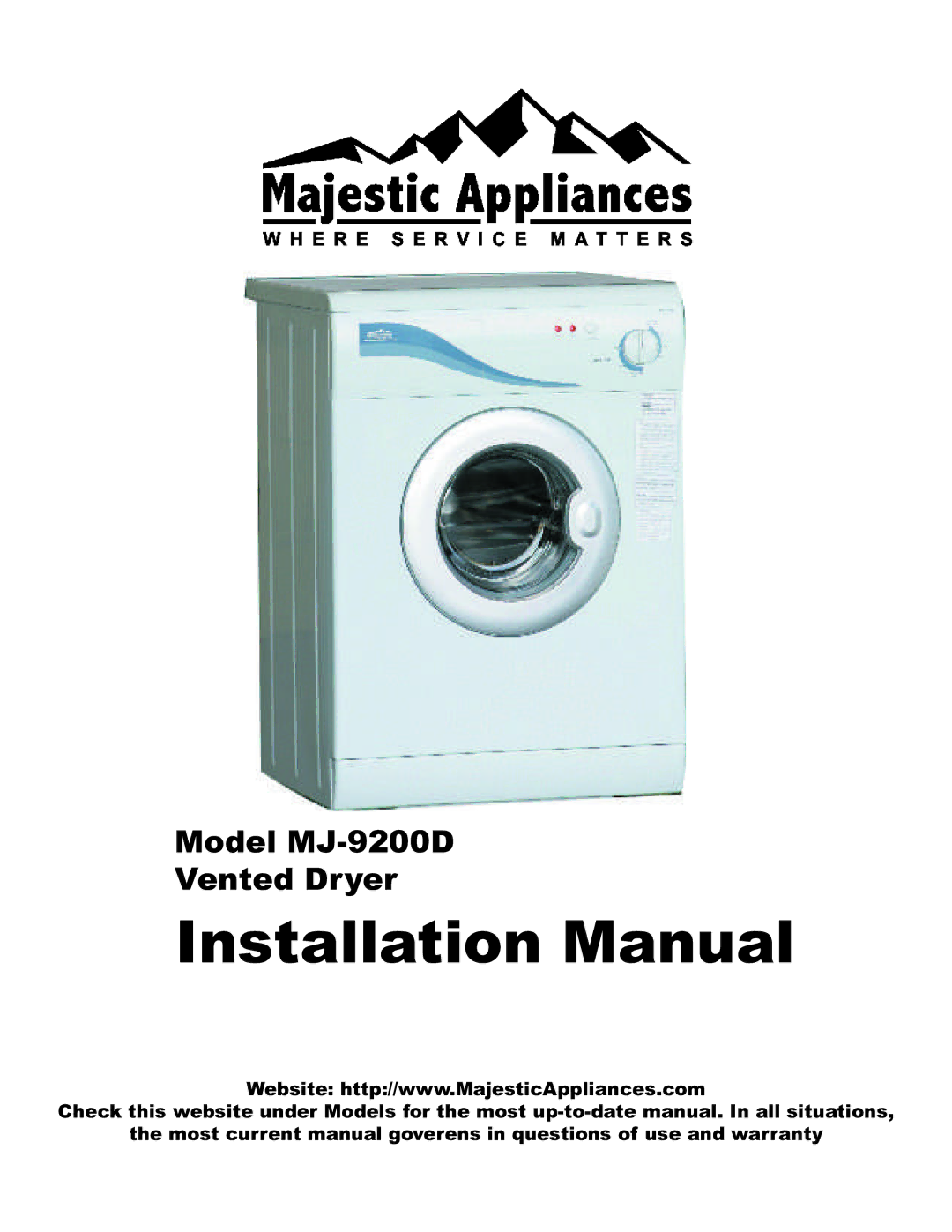 Equator MJ9200D installation manual Installation Manual, Model MJ-9200D Vented Dryer 