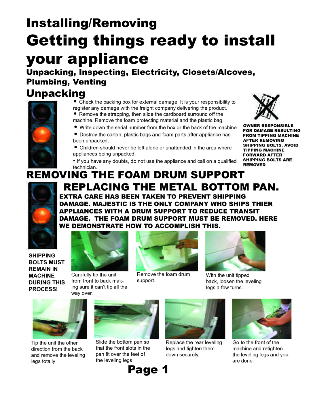 Equator MJ9200D installation manual Getting things ready to install your appliance, Unpacking 