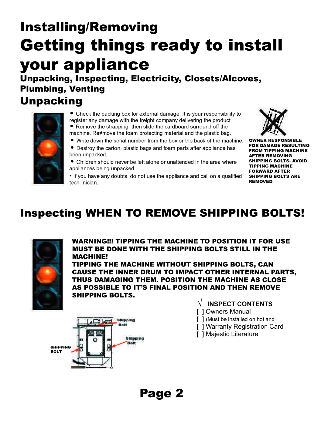 Equator MJ9200D installation manual Inspecting When to Remove Shipping Bolts 