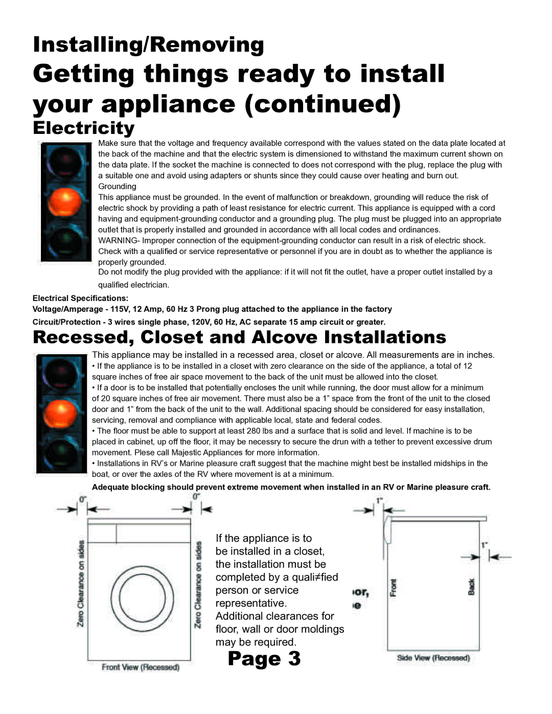 Equator MJ9200D Getting things ready to install your appliance, Electricity, Recessed, Closet and Alcove Installations 