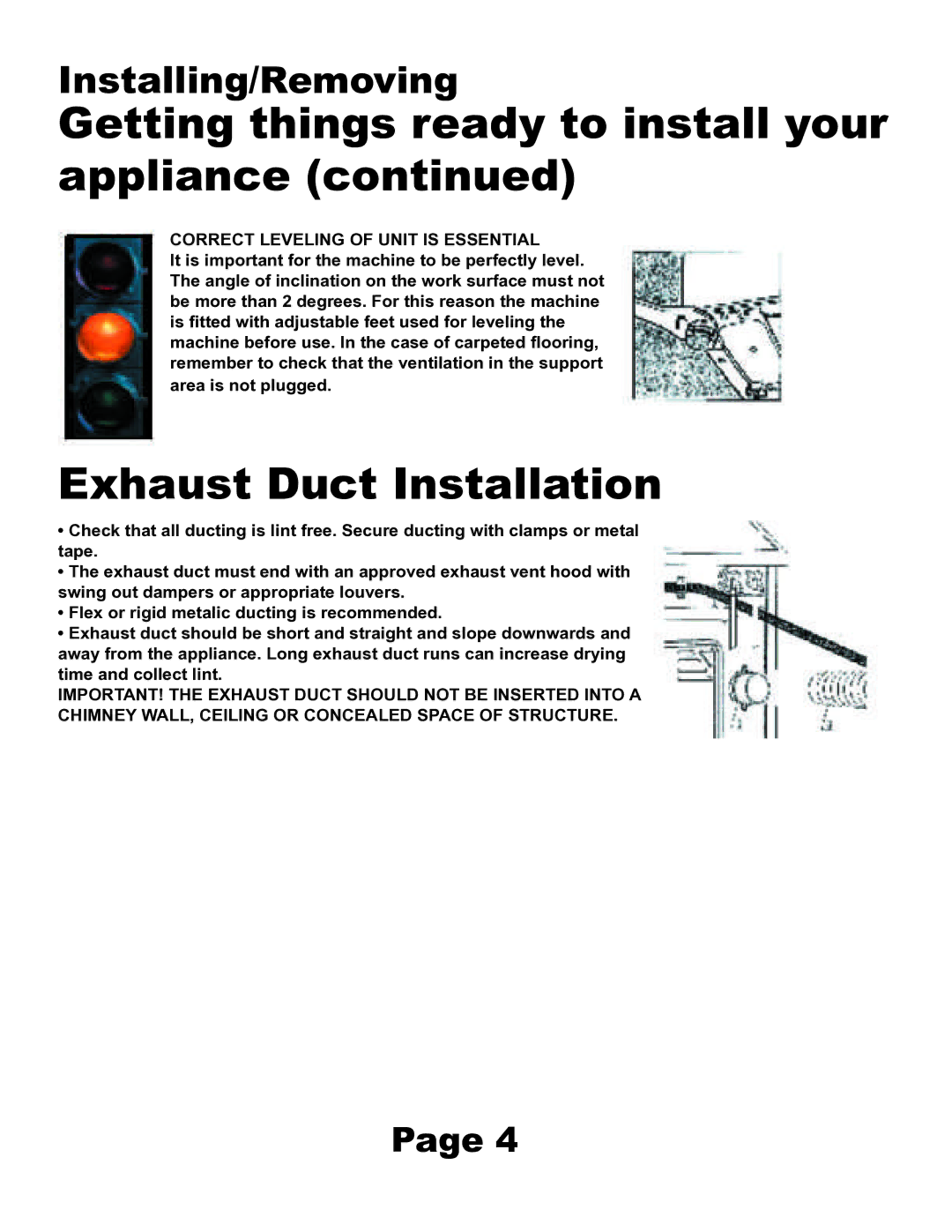 Equator MJ9200D installation manual Exhaust Duct Installation, Correct Leveling of Unit is Essential 