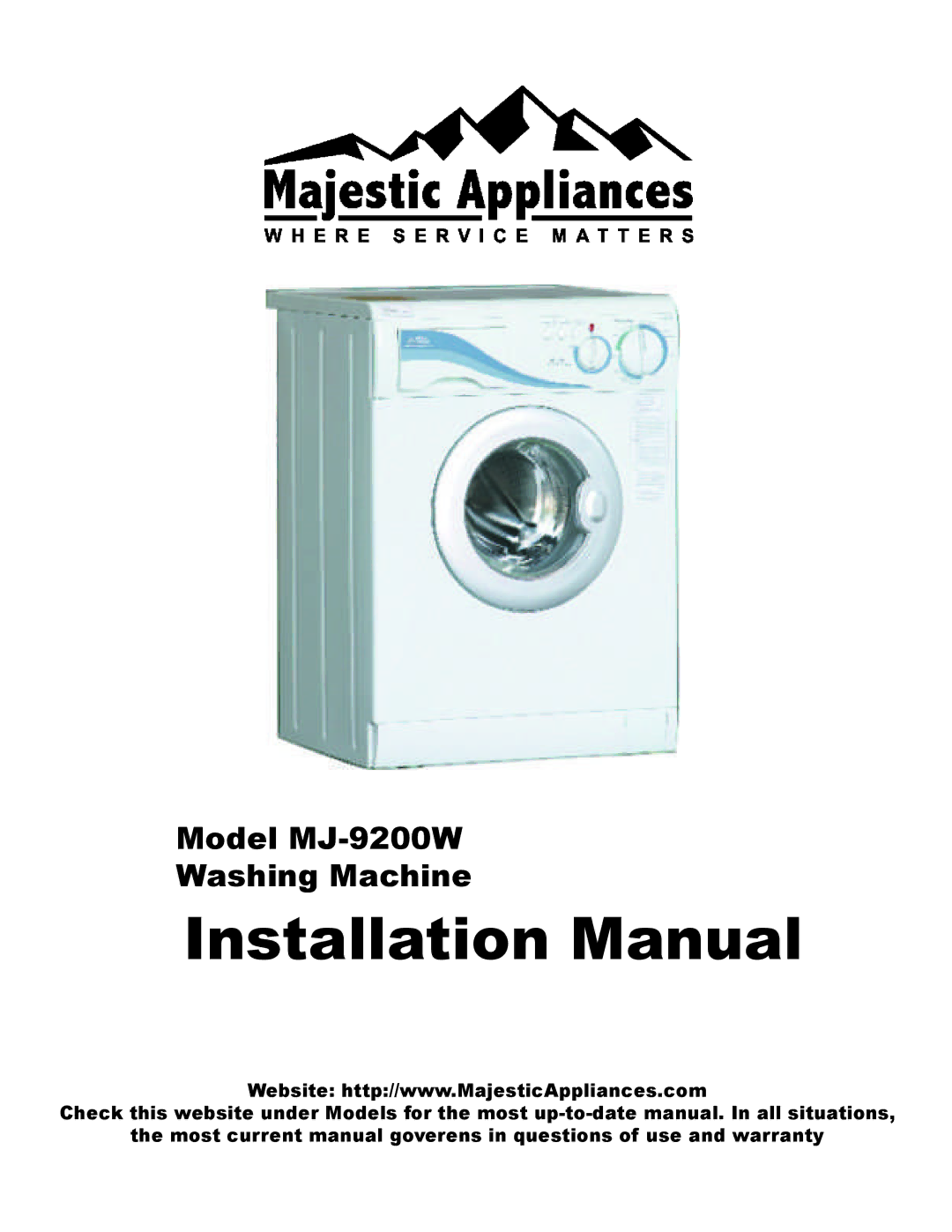 Equator MJ9200W installation manual Installation Manual, Model MJ-9200W Washing Machine 