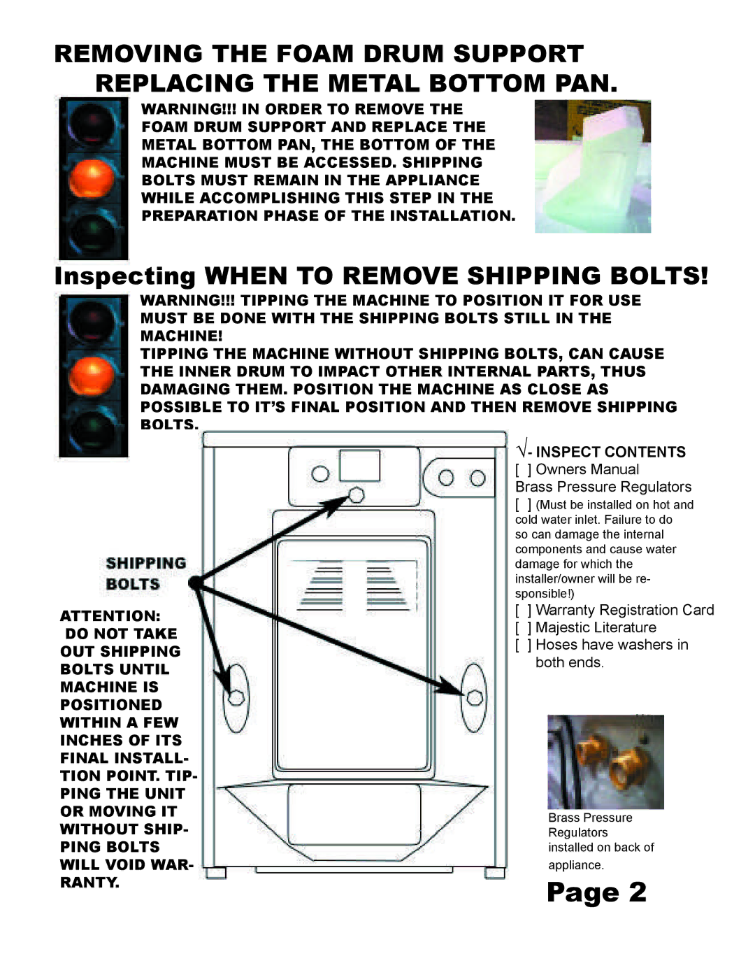 Equator MJ9200W installation manual Inspecting When to Remove Shipping Bolts, Brass Pressure Regulators 