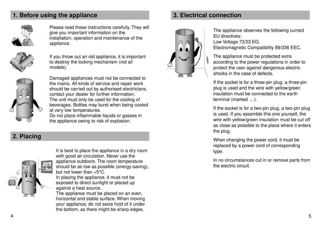 Equator none manual Before using the appliance, Placing, Electrical connection 