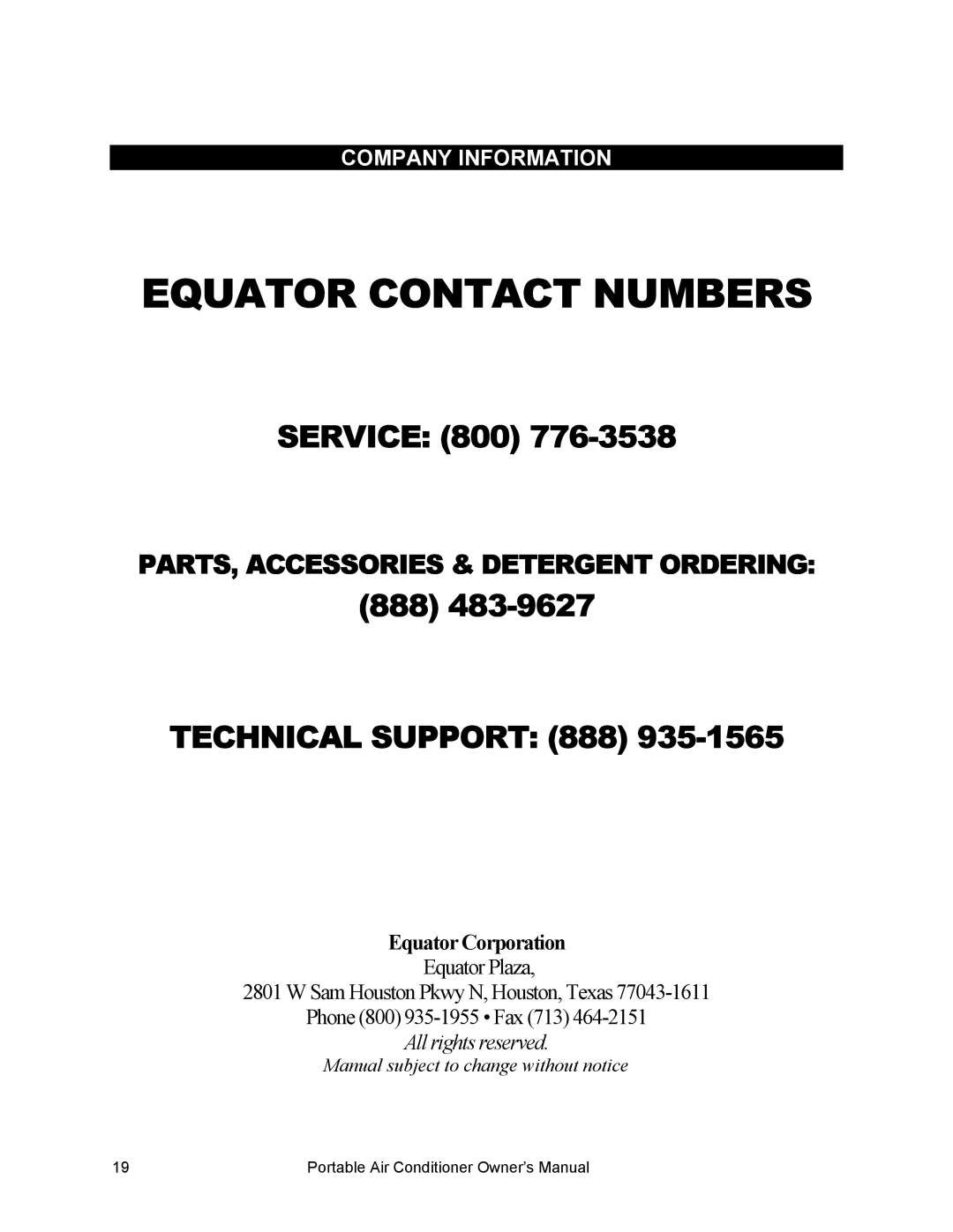 Equator PAC 10, PAC 8, PAC 12 owner manual Equator Contact Numbers, Company Information 