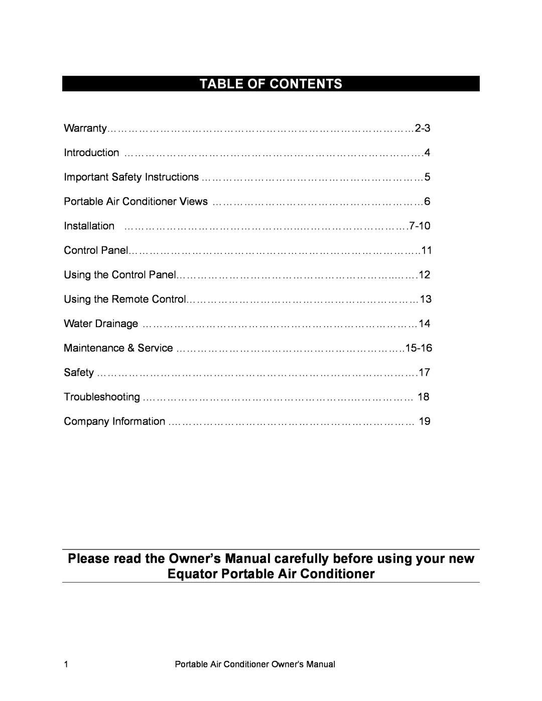 Equator PAC 10, PAC 8, PAC 12 owner manual Table Of Contents, Equator Portable Air Conditioner 