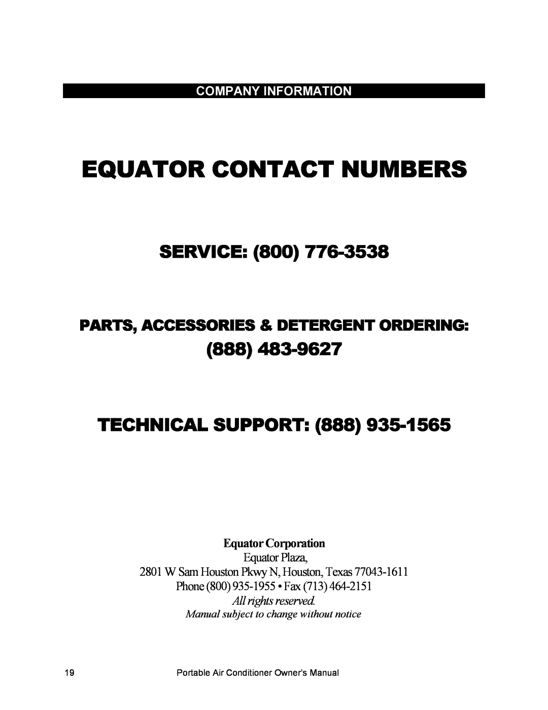 Equator PAC 10, PAC 8, PAC 12 Equator Contact Numbers, Company Information, Service, Technical Support, Equator Corporation 