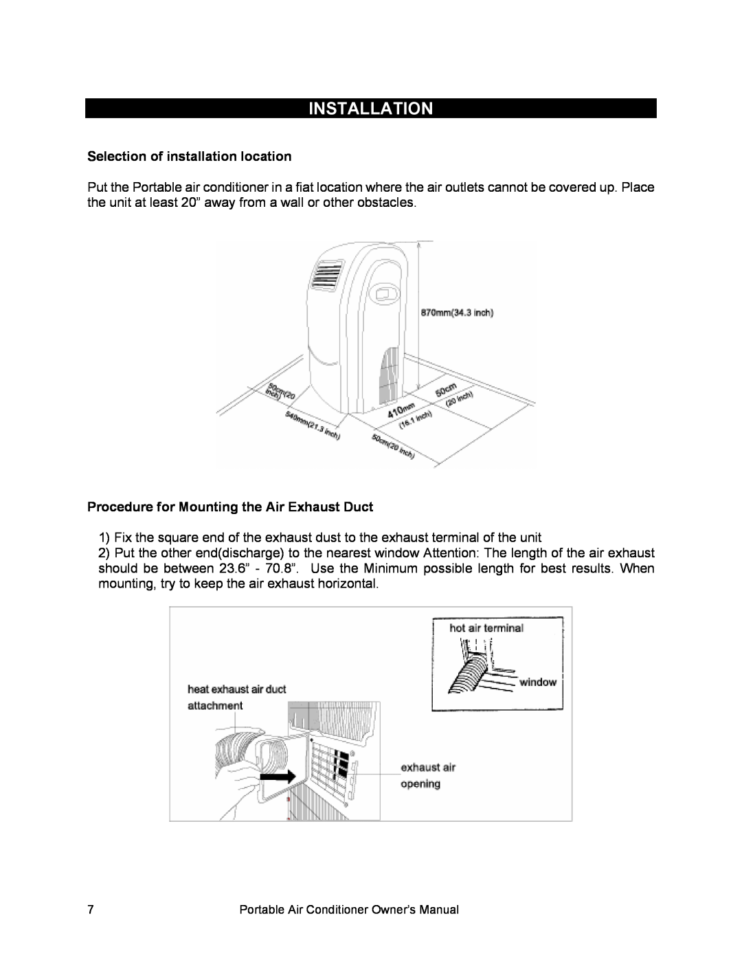 Equator PAC 10, PAC 8, PAC 12 Installation, Selection of installation location, Procedure for Mounting the Air Exhaust Duct 