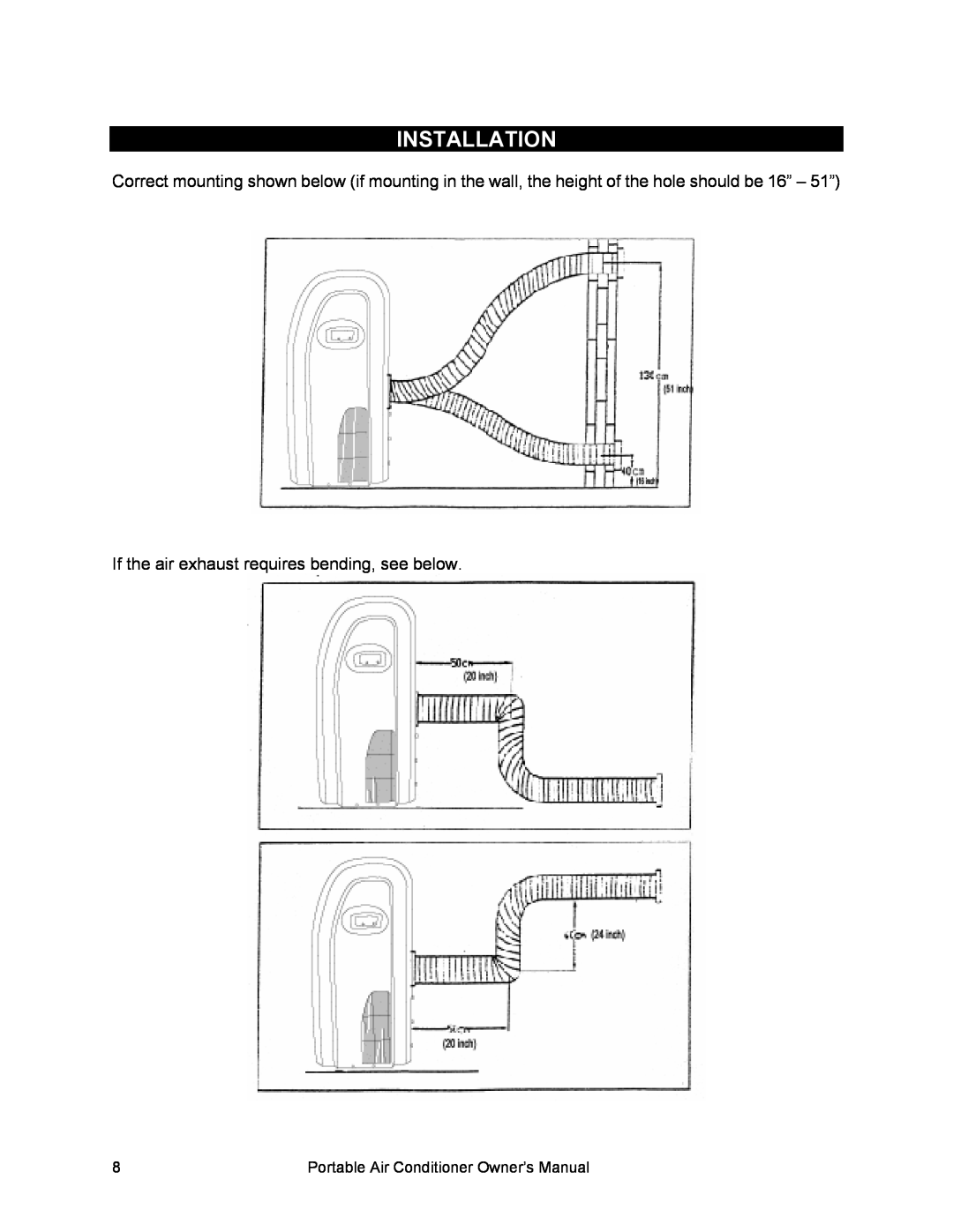 Equator PAC 8, PAC 12, PAC 10 owner manual Installation, If the air exhaust requires bending, see below 