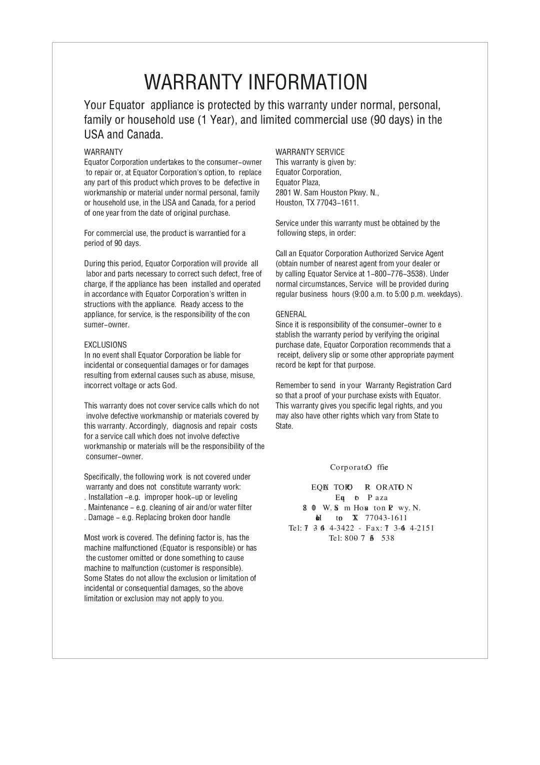 Equator SF 924 manual Warranty Information 