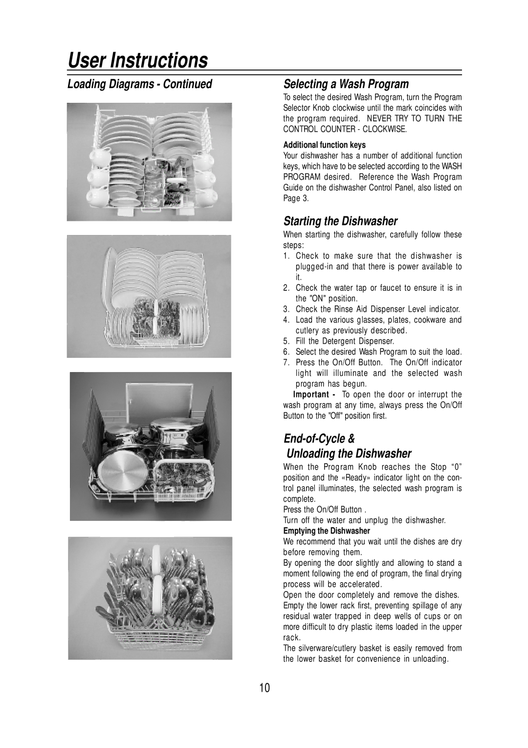 Equator SB65 Loading Diagrams Selecting a Wash Program, Starting the Dishwasher, End-of-Cycle Unloading the Dishwasher 