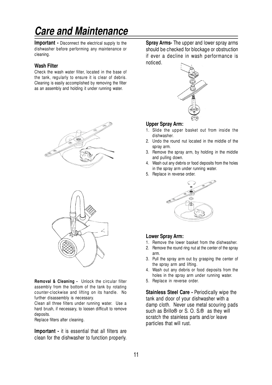 Equator BB65, WB 65, WB 72, SB65 manual Care and Maintenance, Wash Filter, Upper Spray Arm, Lower Spray Arm 