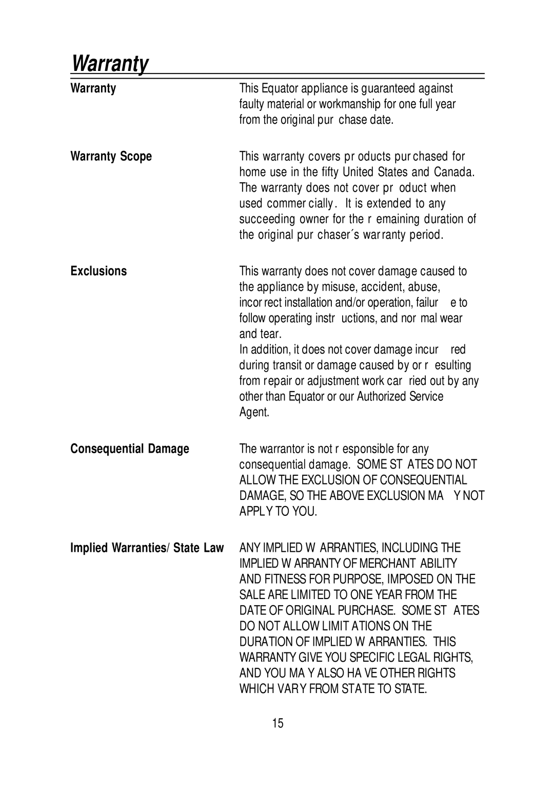 Equator BB65, WB 65, WB 72, SB65 manual Warranty 