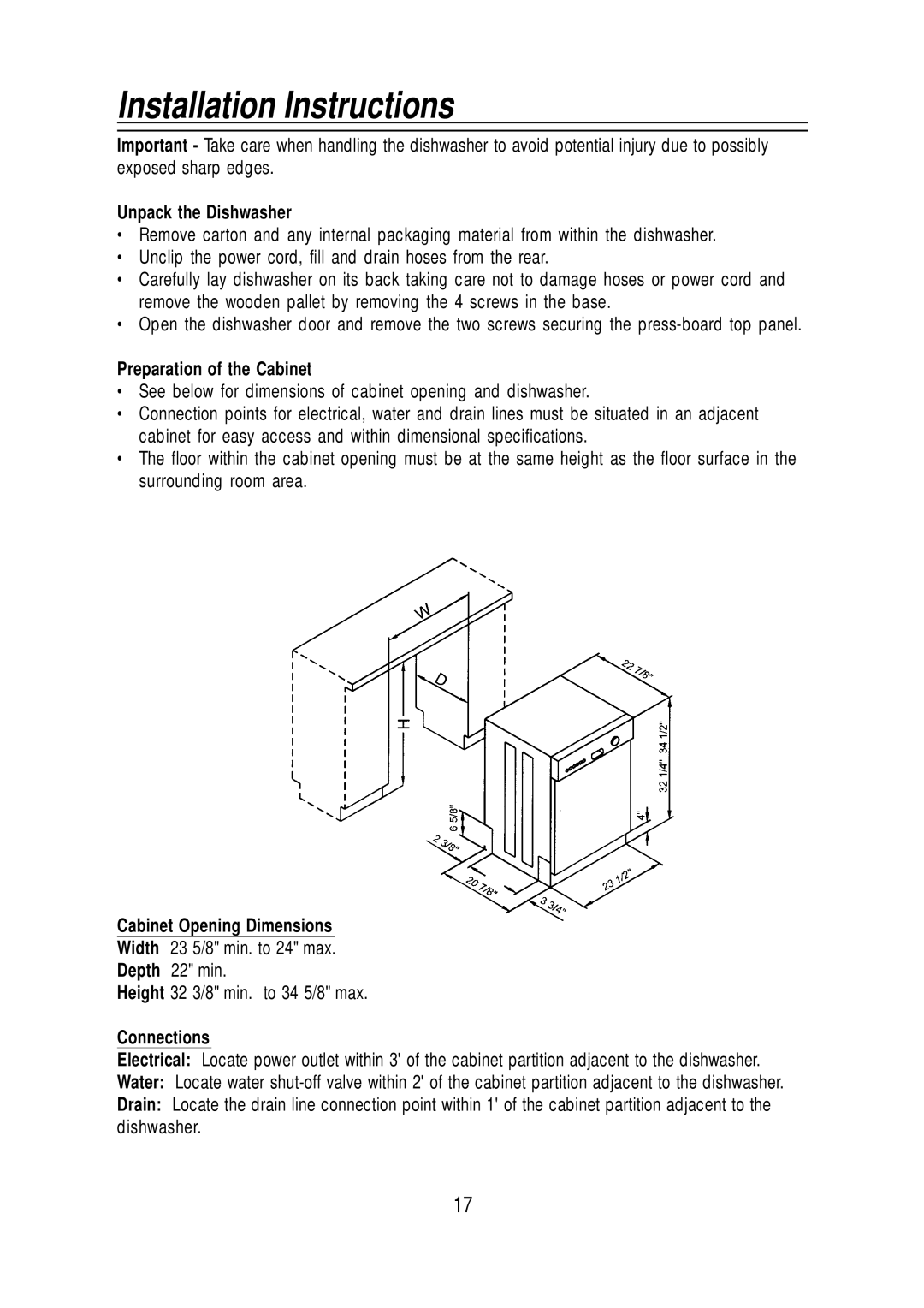 Equator WB 72, WB 65, SB65, BB65 Unpack the Dishwasher, Preparation of the Cabinet, Cabinet Opening Dimensions, Connections 