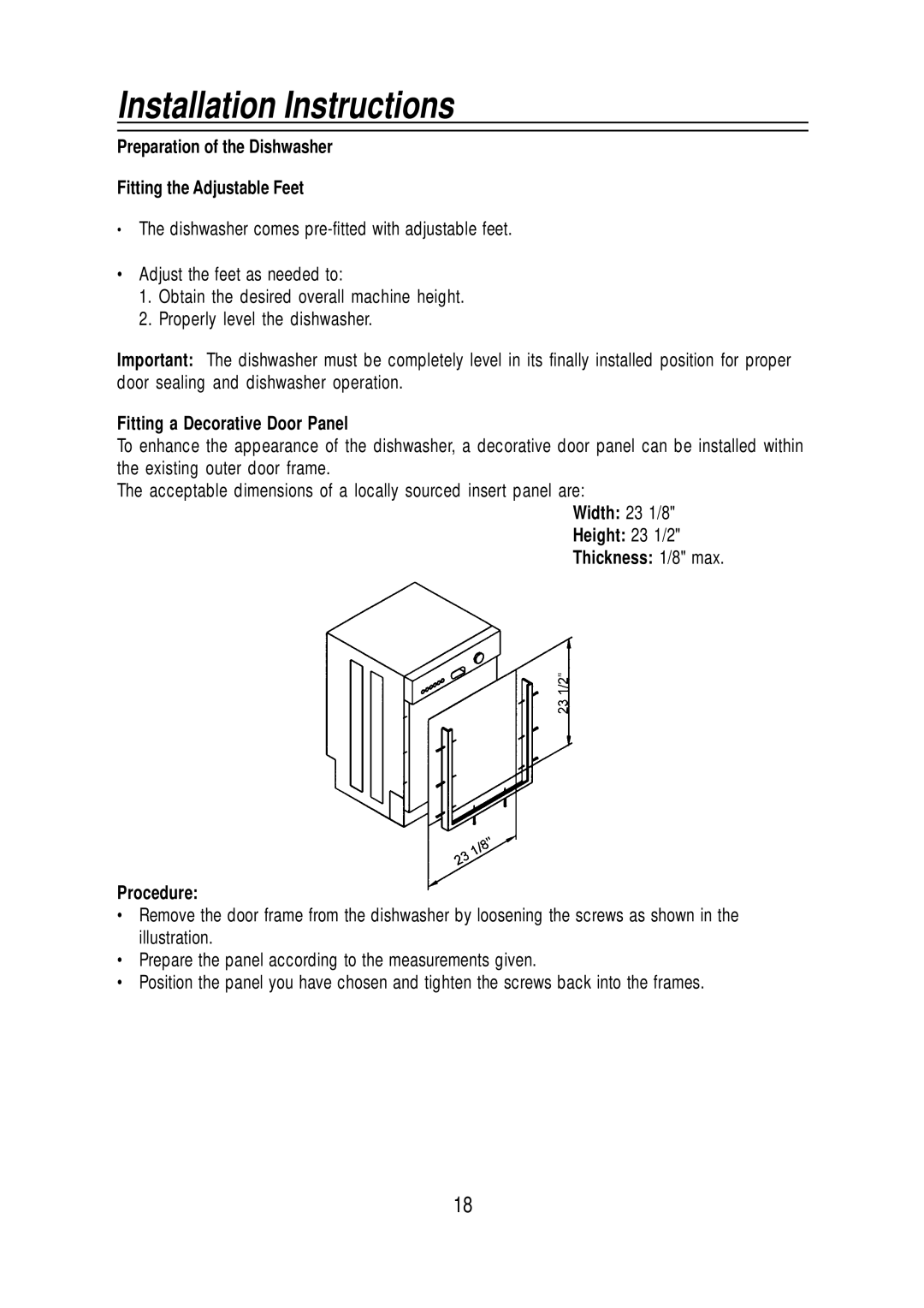 Equator SB65, WB 65, WB 72, BB65 Preparation of the Dishwasher Fitting the Adjustable Feet, Fitting a Decorative Door Panel 