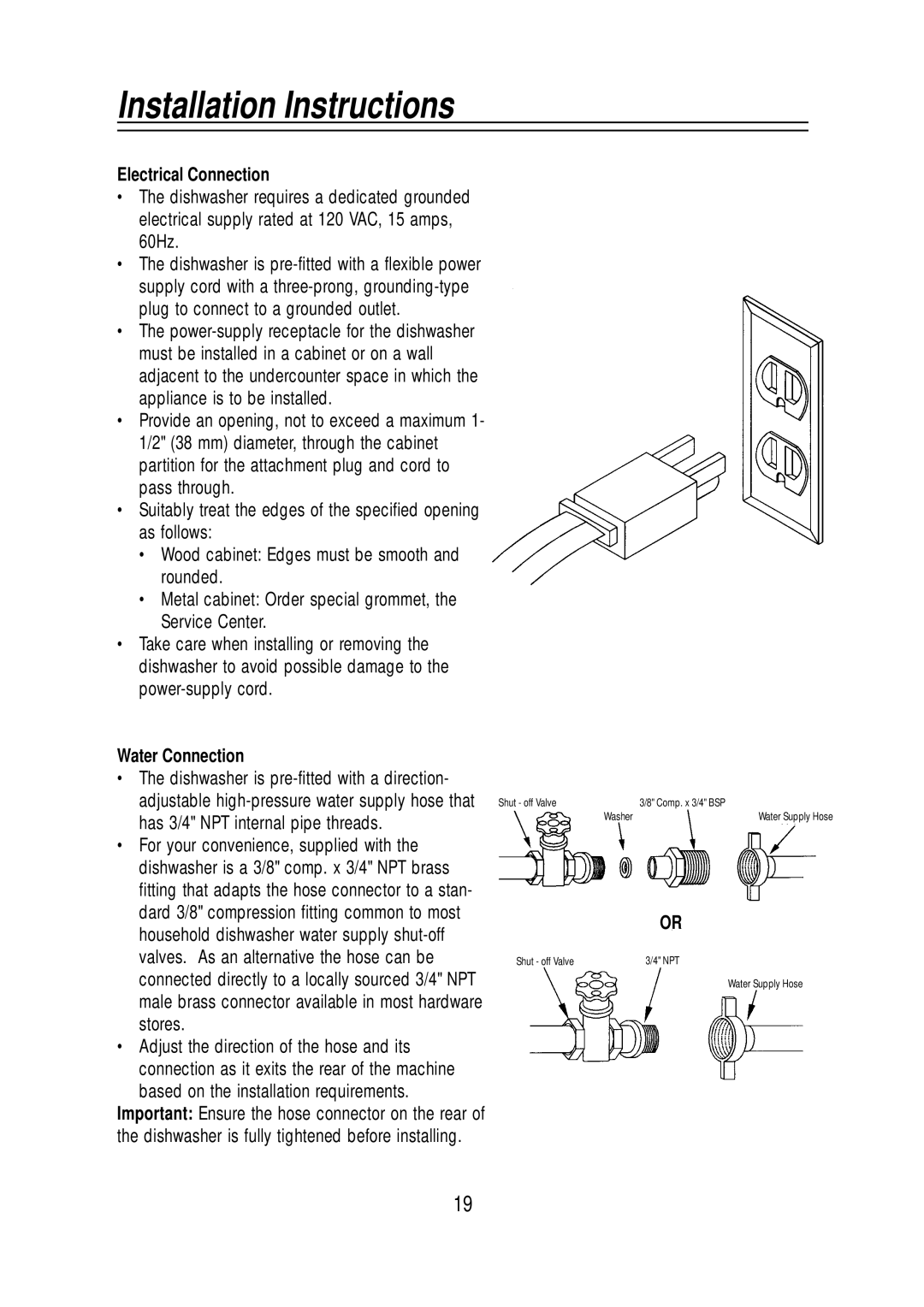 Equator BB65, WB 65, WB 72, SB65 manual Electrical Connection, Water Connection 