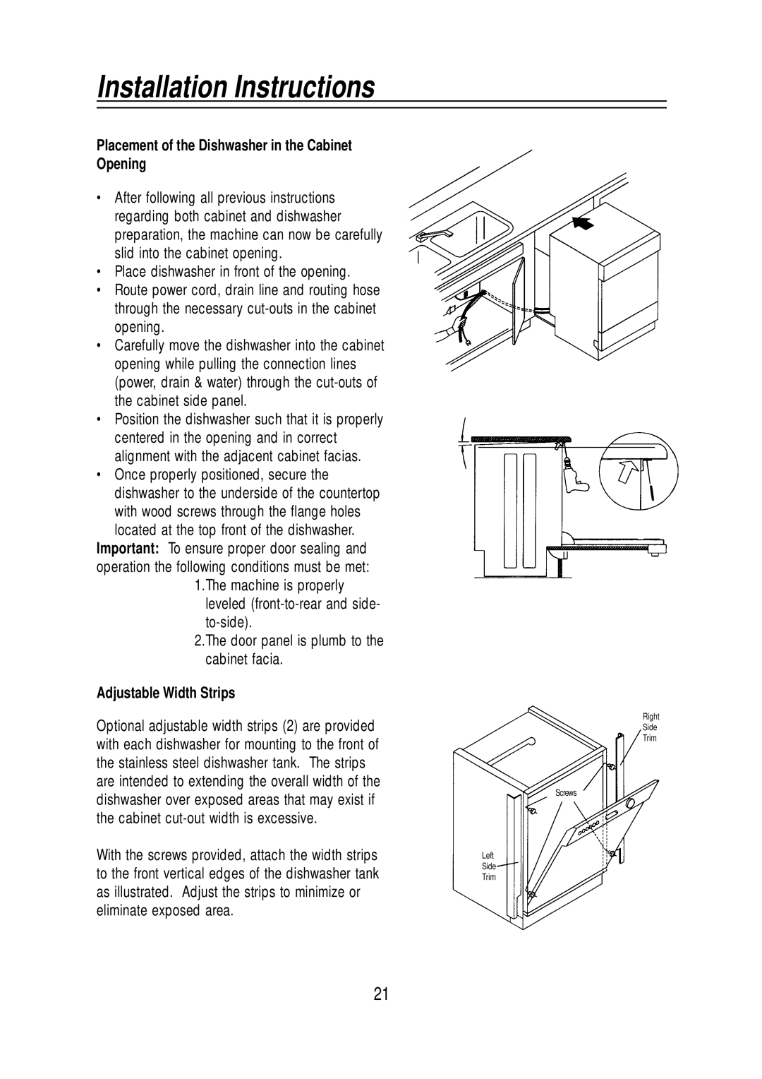 Equator WB 72, WB 65, SB65, BB65 manual Placement of the Dishwasher in the Cabinet Opening, Adjustable Width Strips 