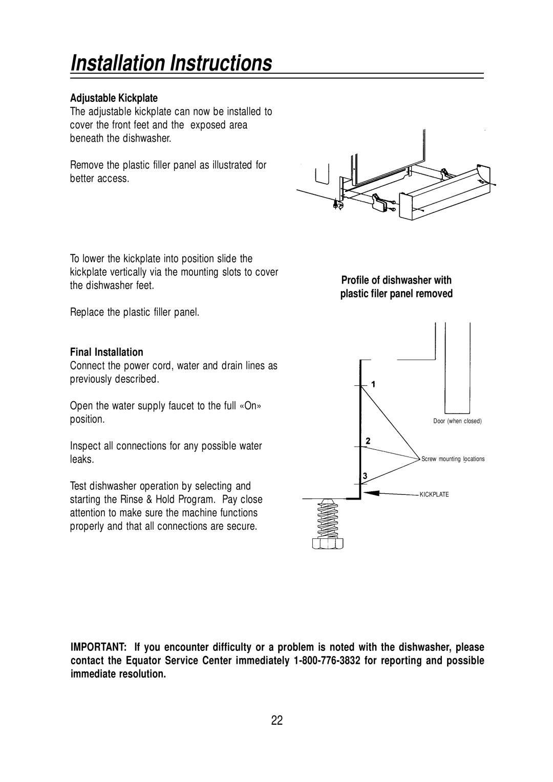 Equator SB65, WB 65, WB 72, BB65 manual Adjustable Kickplate, Final Installation 