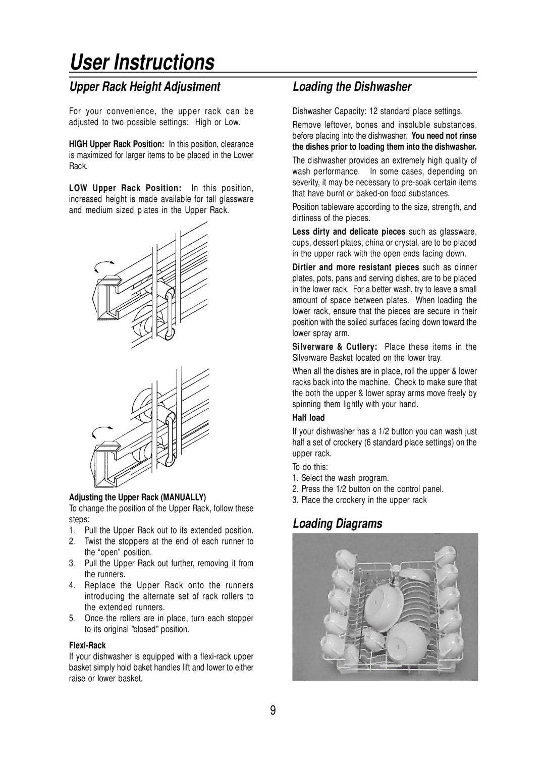 Equator WB 72, WB 65, SB65, BB65 manual Upper Rack Height Adjustment, Loading the Dishwasher, Loading Diagrams 