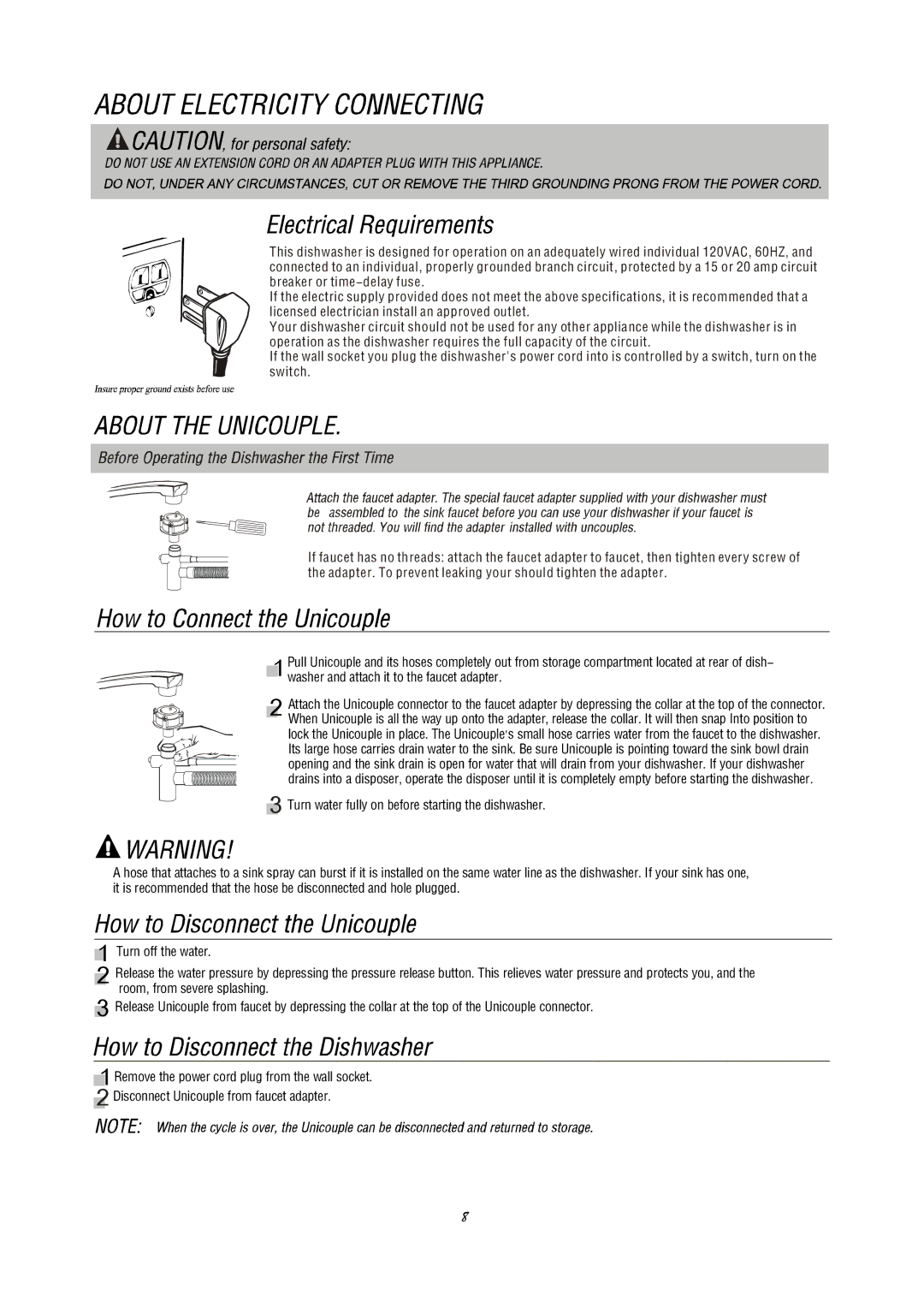 Equator WP 818, SP 818 manual Turn water fully on before starting the dishwasher 