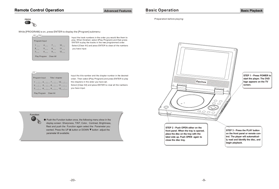 Equinox Systems DVD2012E user manual Remote Control Operation, Basic Operation 