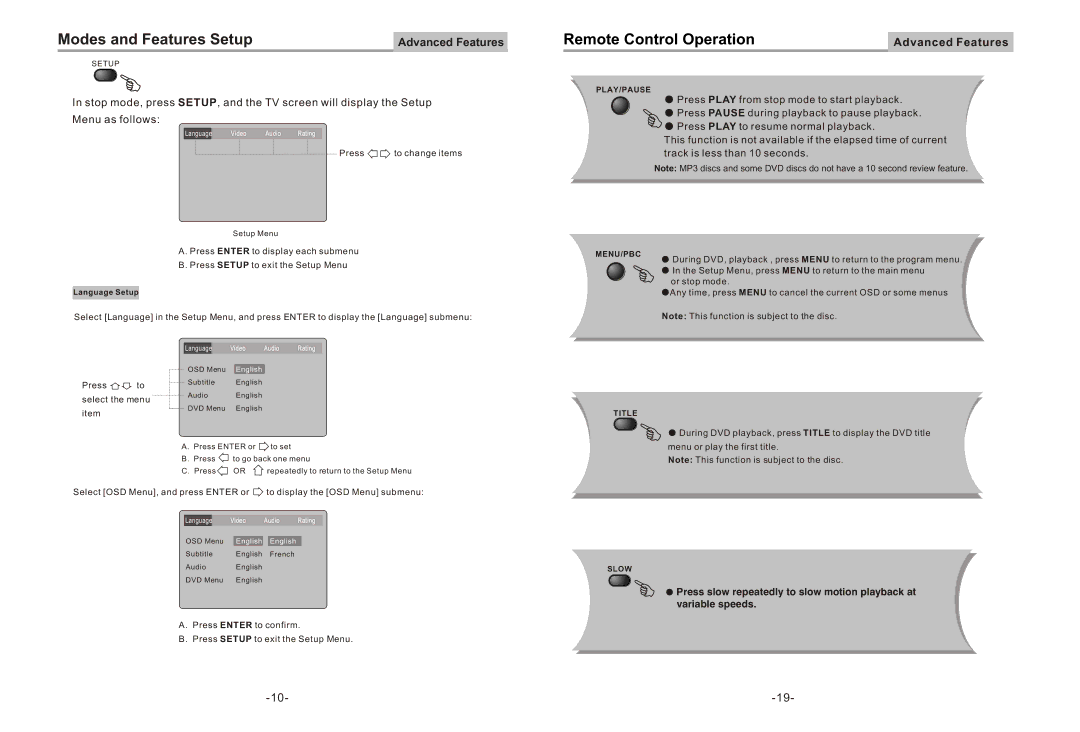 Equinox Systems DVD2012E user manual Modes and Features Setup, Select the menu 