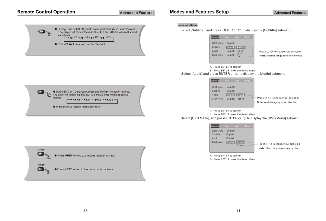 Equinox Systems DVD2012E user manual Select Audio,and press Enter or to display the Audio submenu 