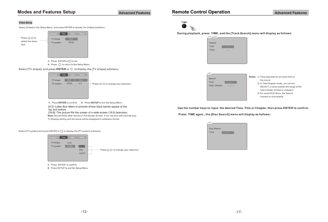 Equinox Systems DVD2012E user manual Modes and Features Setup 