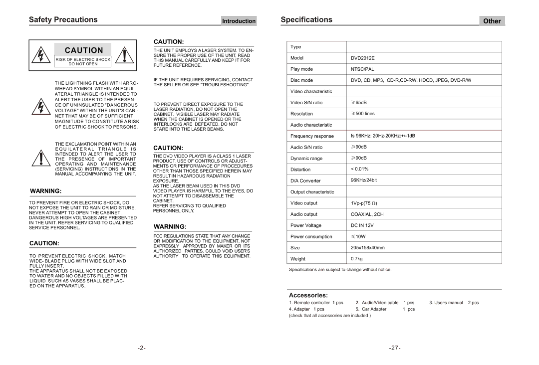 Equinox Systems DVD2012E user manual Safety Precautions, Specifications 