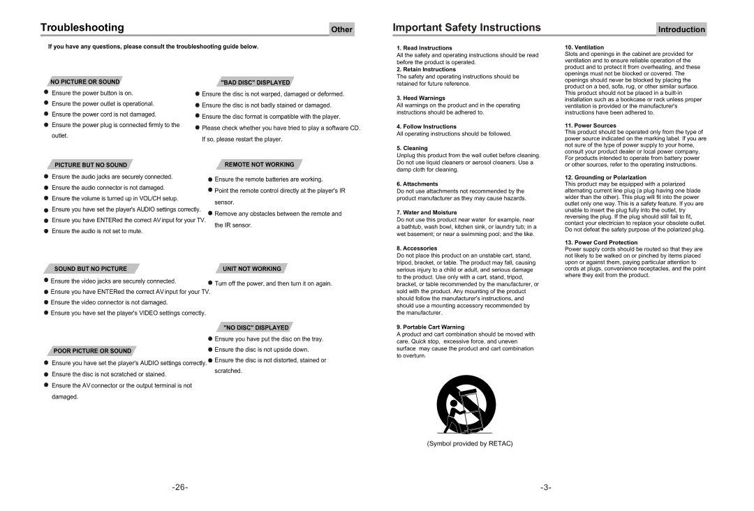 Equinox Systems DVD2012E user manual Important Safety Instructions, Ventilation 