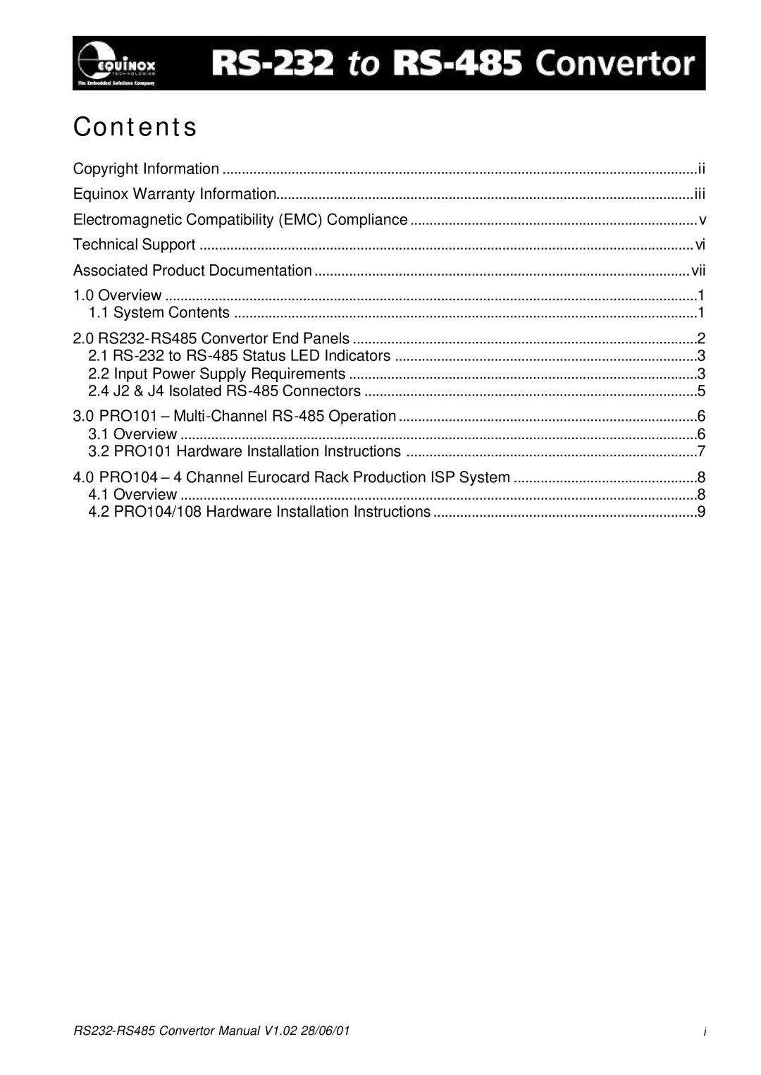 Equinox Systems RS232-RS485 manual Contents 