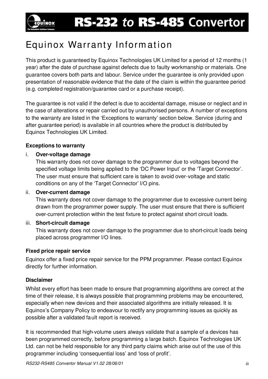 Equinox Systems RS232-RS485 manual Equinox Warranty Information 