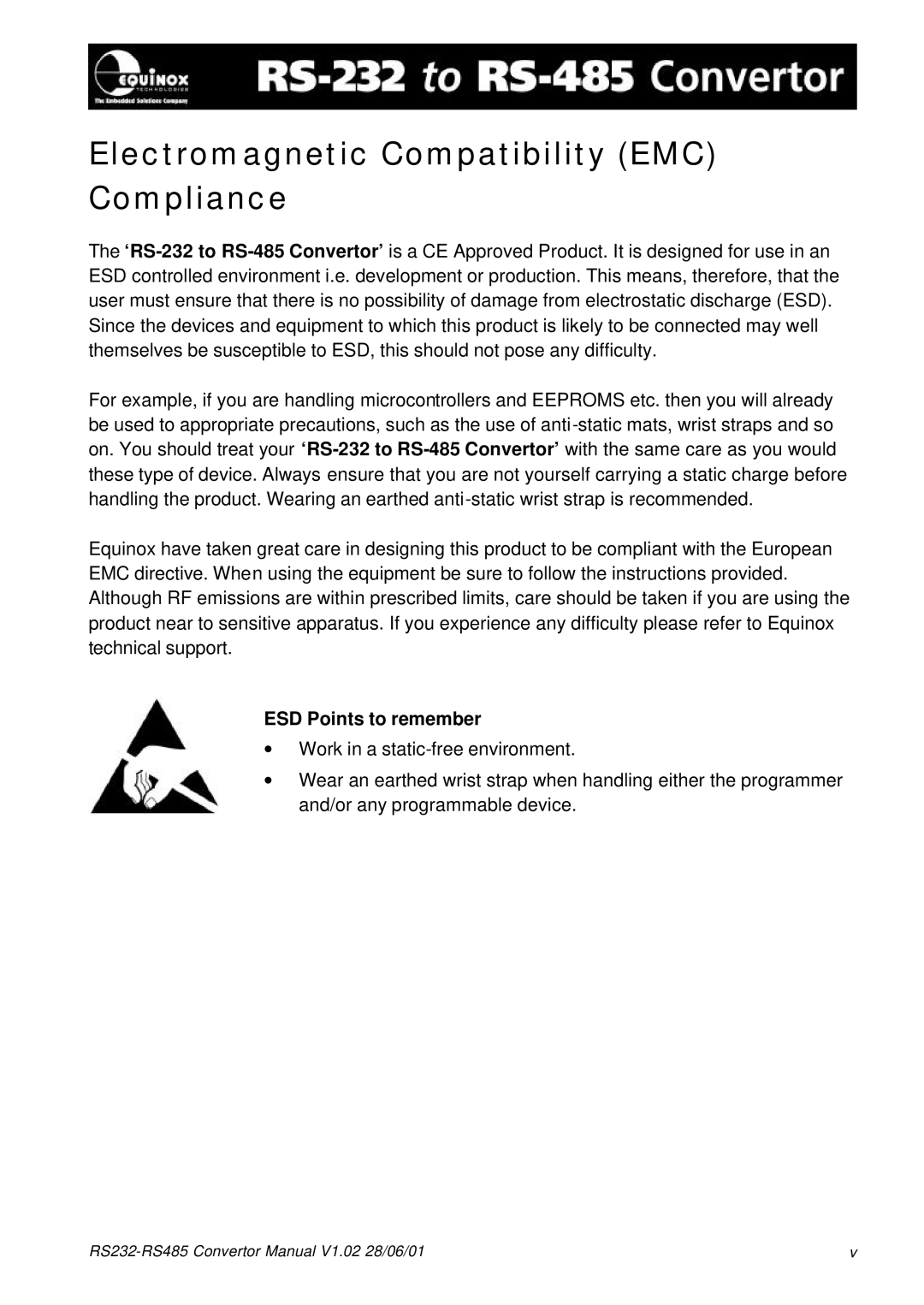 Equinox Systems RS232-RS485 manual Electromagnetic Compatibility EMC Compliance, ESD Points to remember 