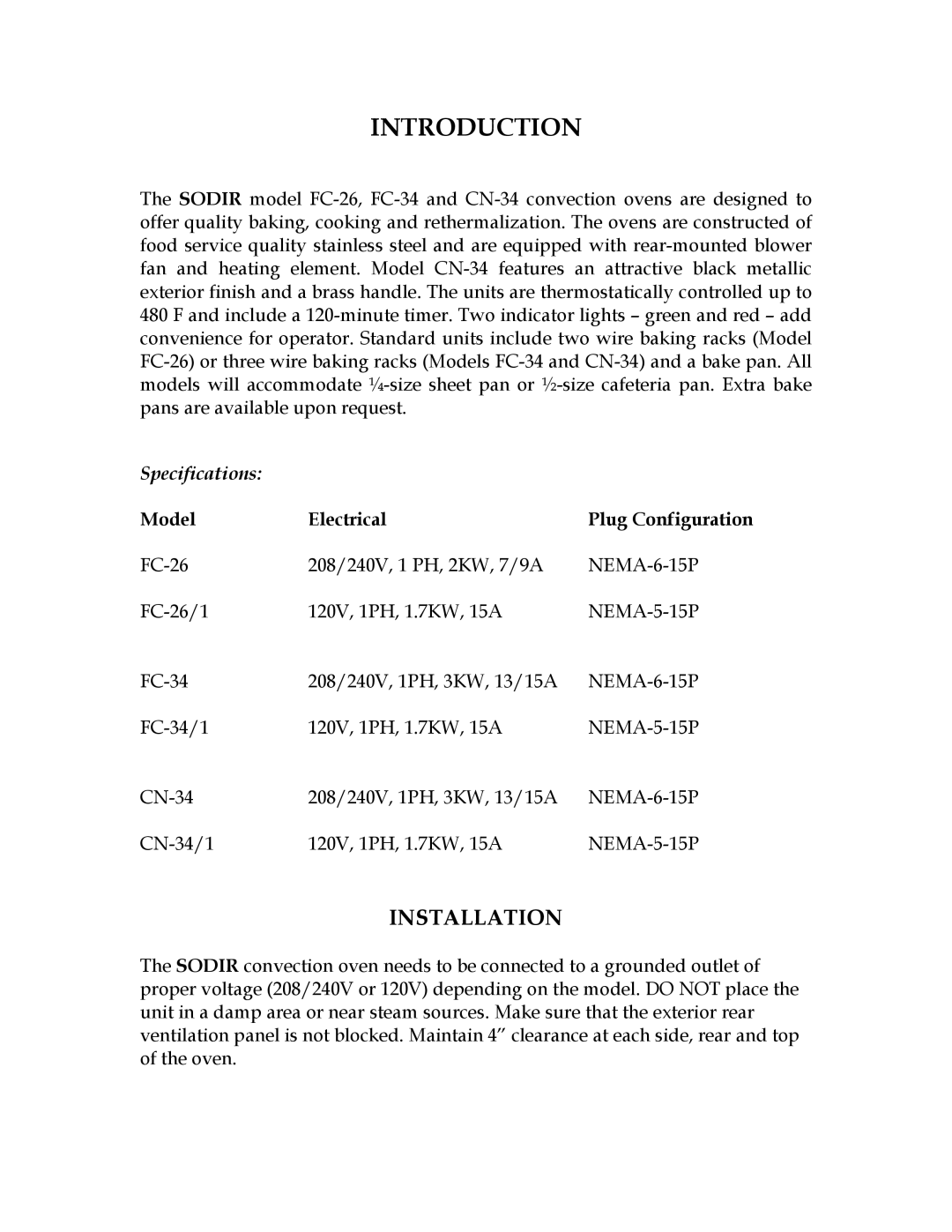 Equipex FC-26, FC-34, CN-34 operation manual Installation, Specifications 