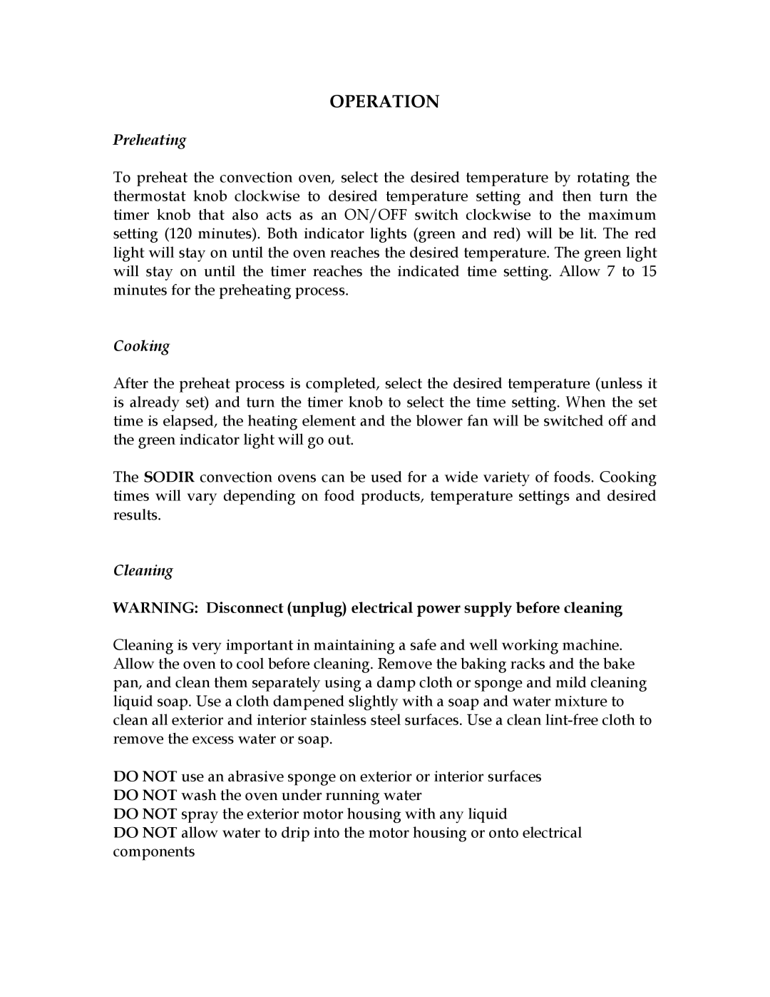 Equipex FC-26, FC-34, CN-34 operation manual Operation, Preheating, Cooking, Cleaning 