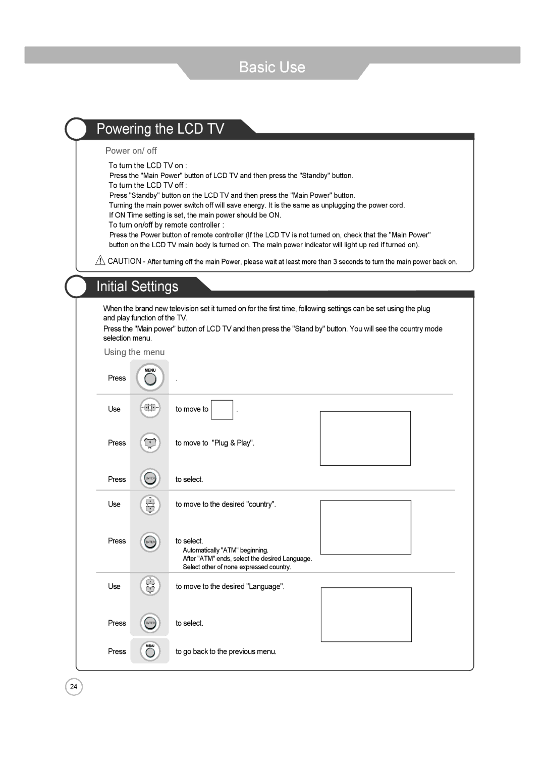 ERAE Electronics Industry none manual Powering the LCD TV, Initial Settings, Power on/ off, Using the menu 