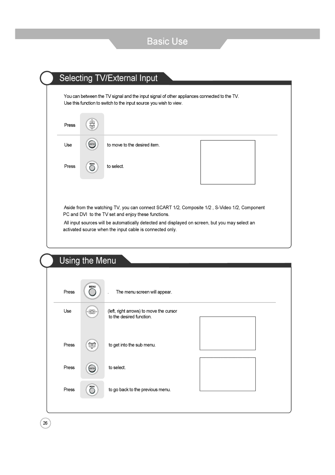 ERAE Electronics Industry none manual Selecting TV/External Input, Using the Menu 