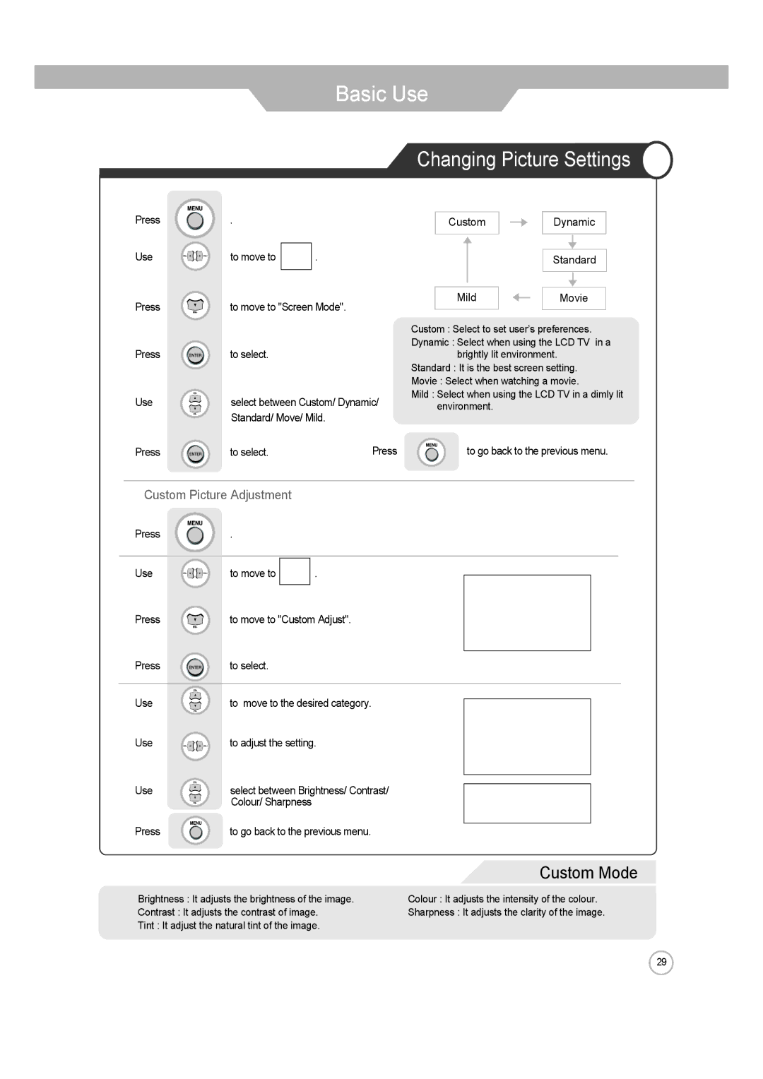 ERAE Electronics Industry none manual Changing Picture Settings, Custom Picture Adjustment 