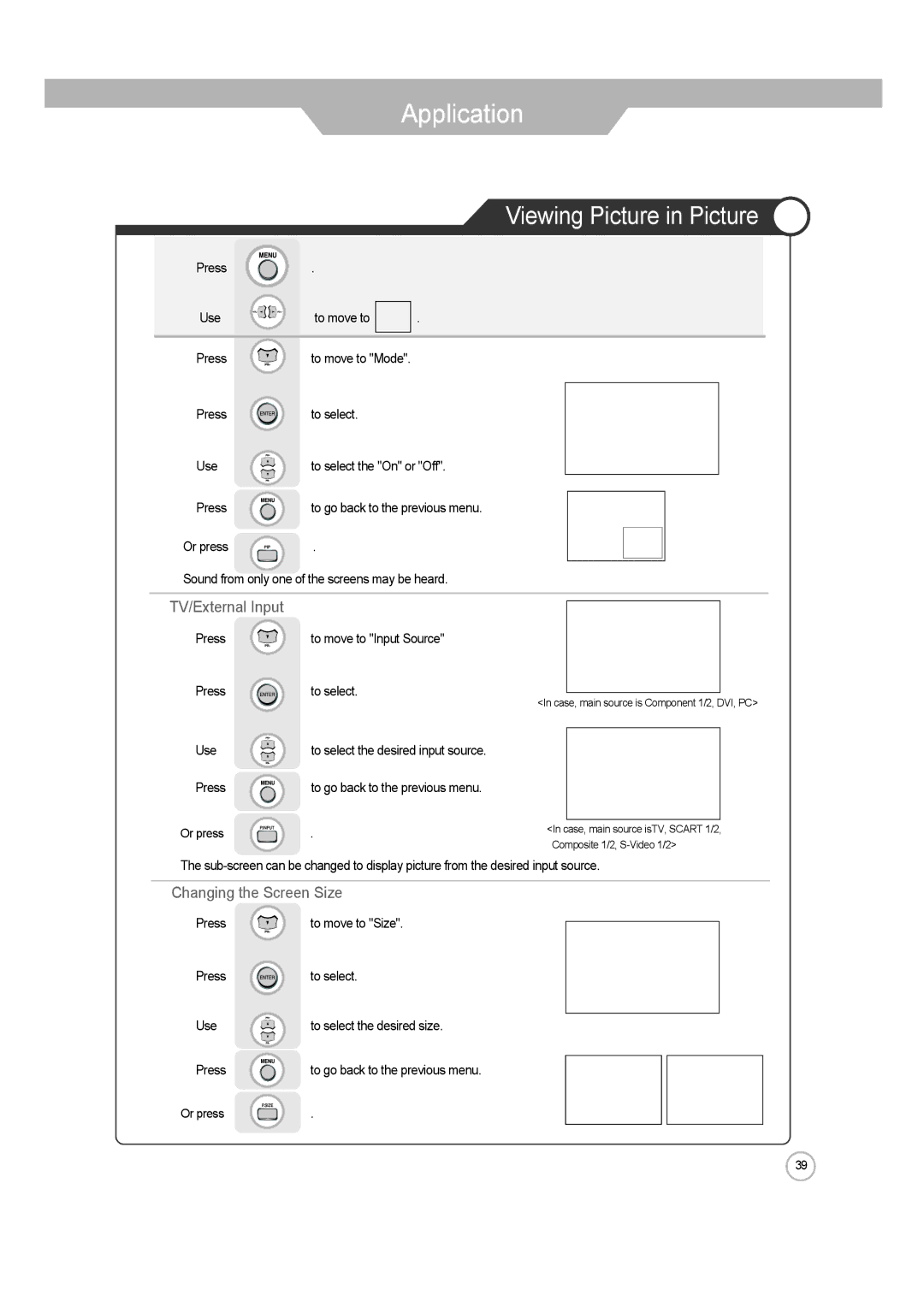 ERAE Electronics Industry none manual Viewing Picture in Picture, TV/External Input, Changing the Screen Size 