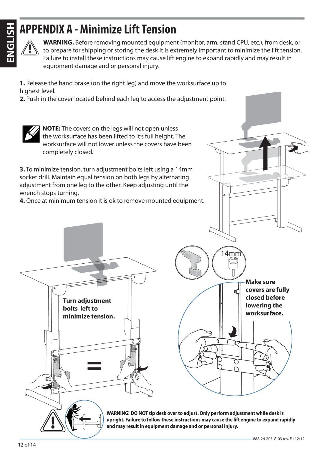 Ergotron 24271926 manual Appendix a Minimize Lift Tension, 14mm 