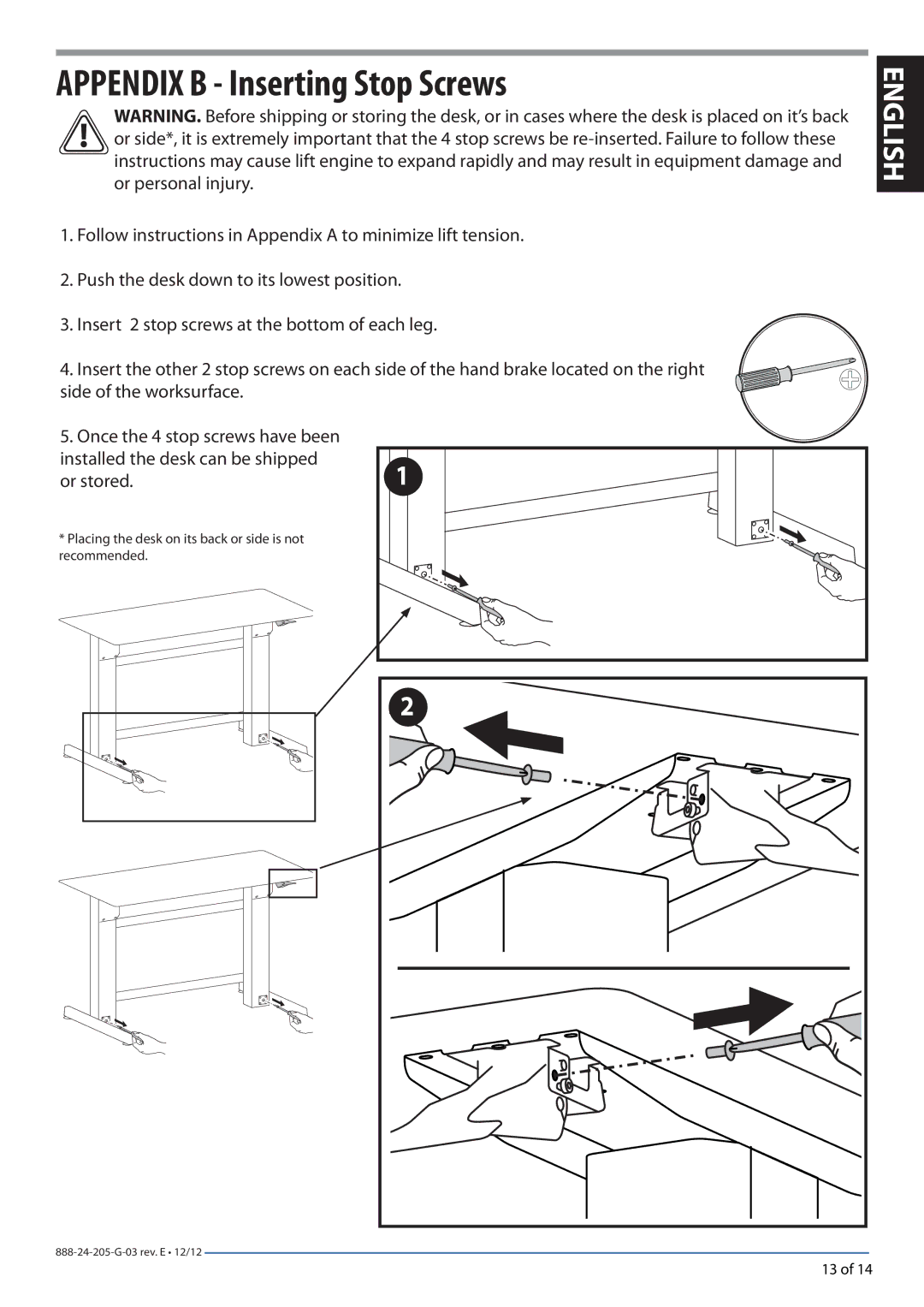 Ergotron 24271926 manual Appendix B Inserting Stop Screws 