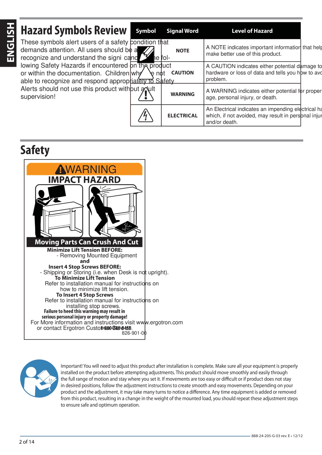 Ergotron 24271926 manual Safety, Hazard Symbols Review 