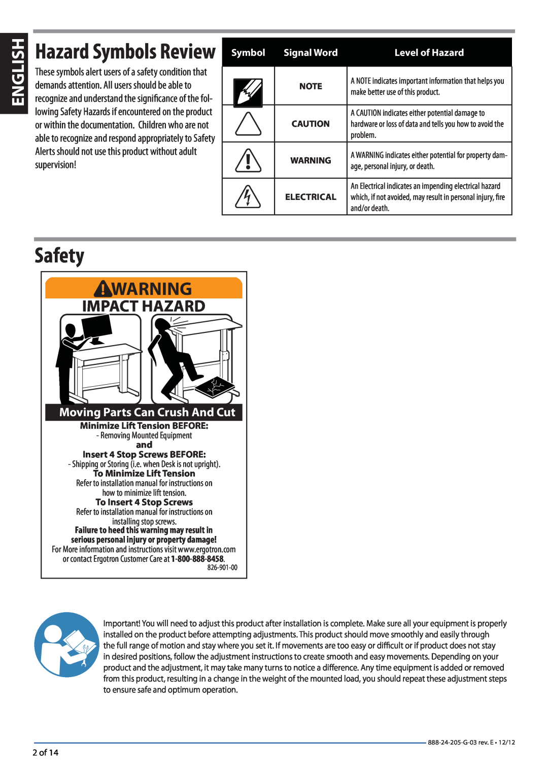 Ergotron 24271926 Safety, English, Impact Hazard, Hazard Symbols Review, Moving Parts Can Crush And Cut, Level of Hazard 
