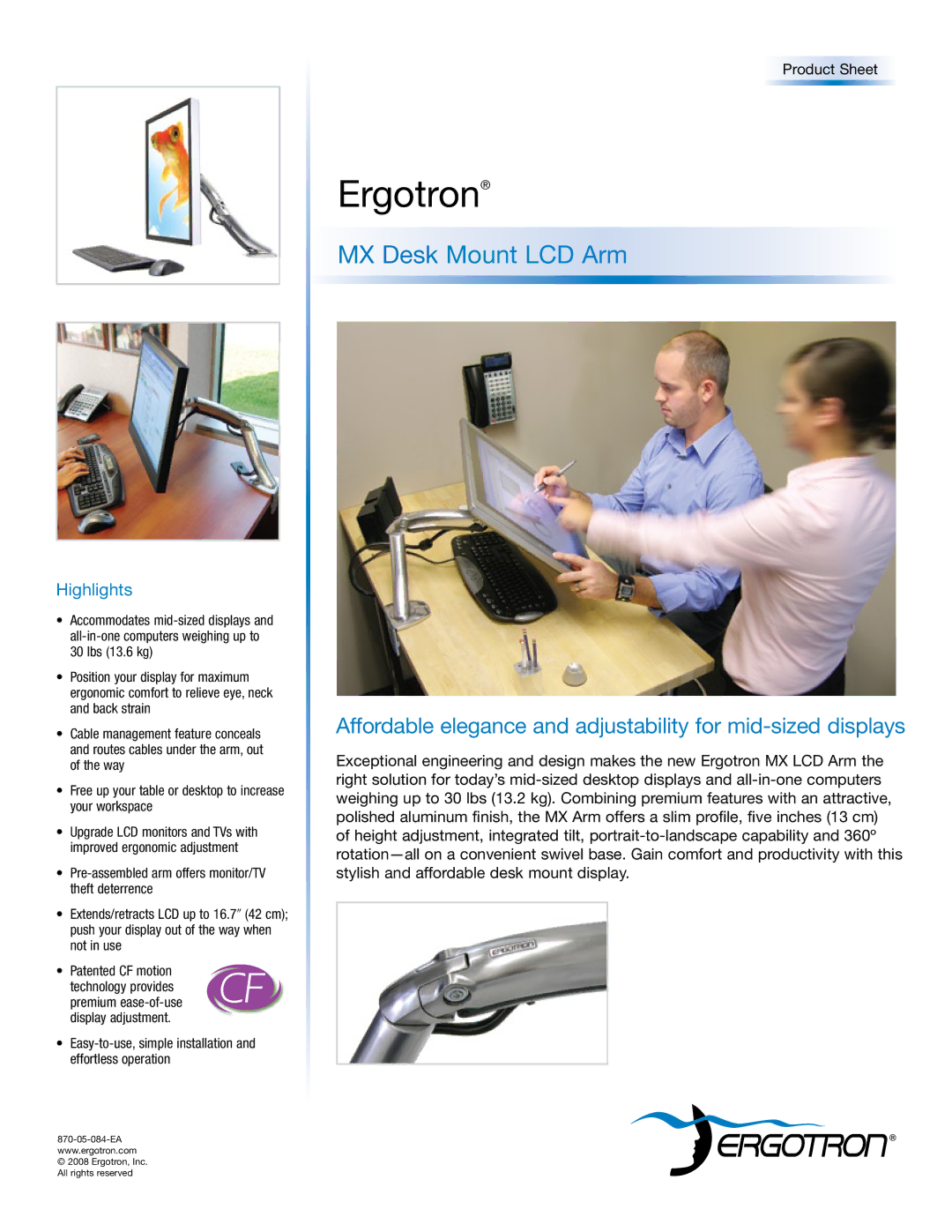 Ergotron 45-214-026 manual Ergotron, MX Desk Mount LCD Arm, Highlights 