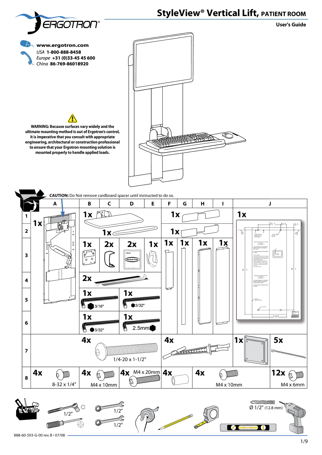 Ergotron 888-122 manual StyleView Vertical Lift, Patient Room 