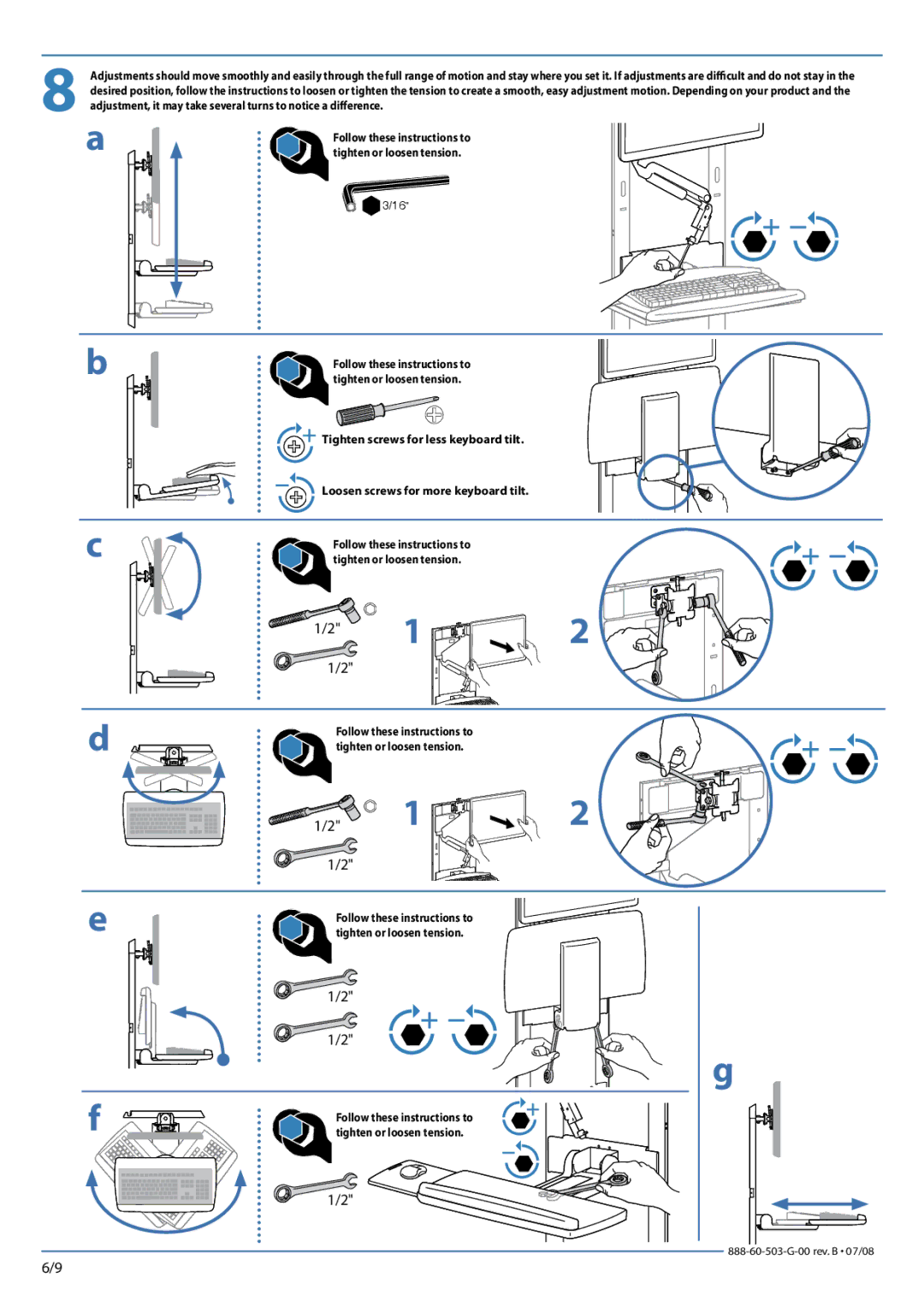 Ergotron 888-122 manual Tighten screws for less keyboard tilt 