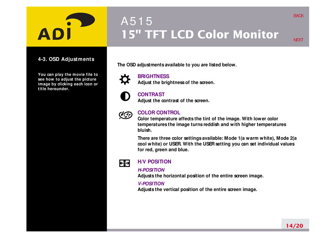 Ergotron A515 manual OSD Adjustments, Color Control 