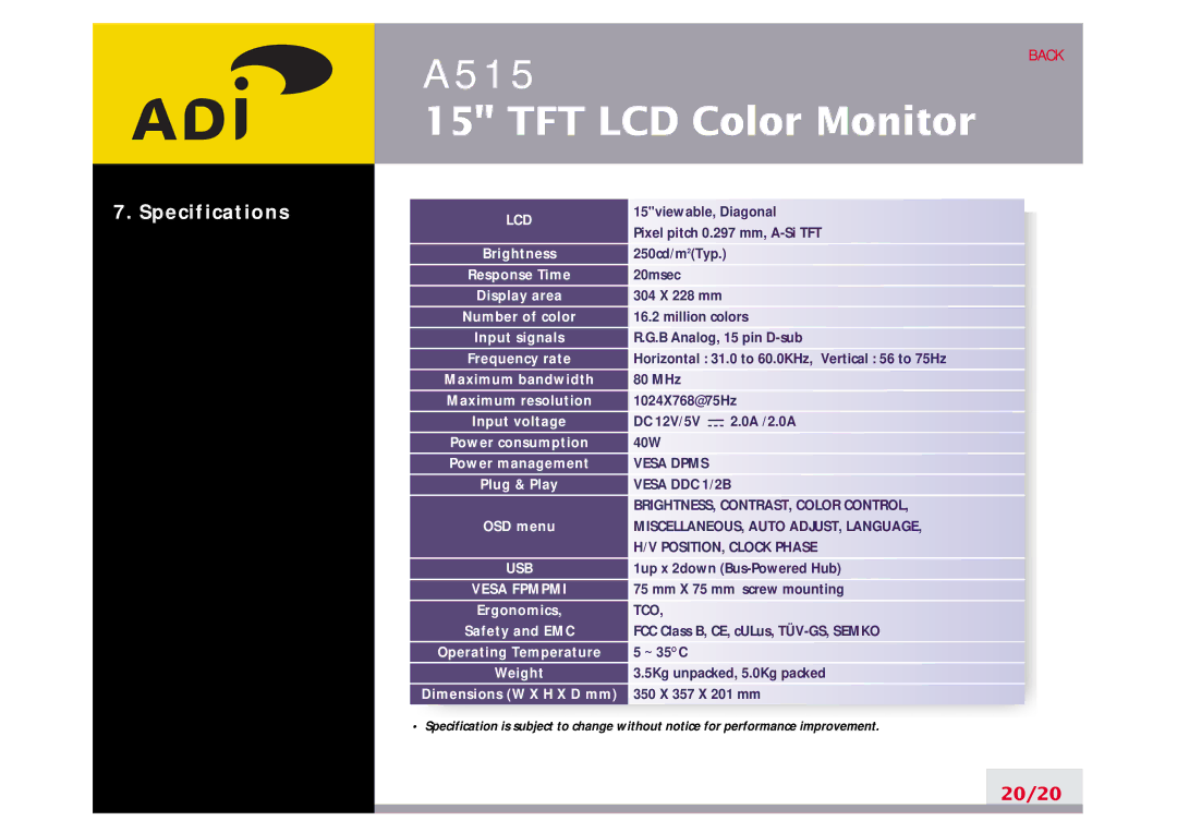 Ergotron A515 Brightness, Response Time, Display area, Number of color, Input signals, Frequency rate, Maximum bandwidth 