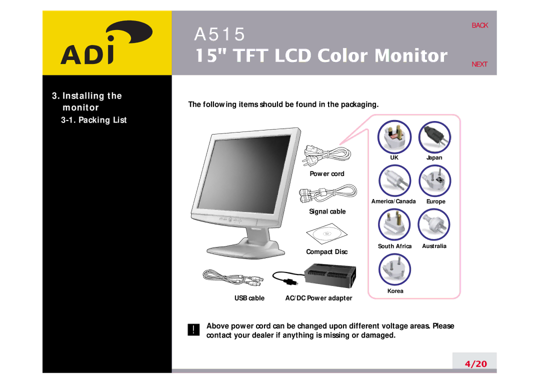 Ergotron A515 manual Packing List, Following items should be found in the packaging 